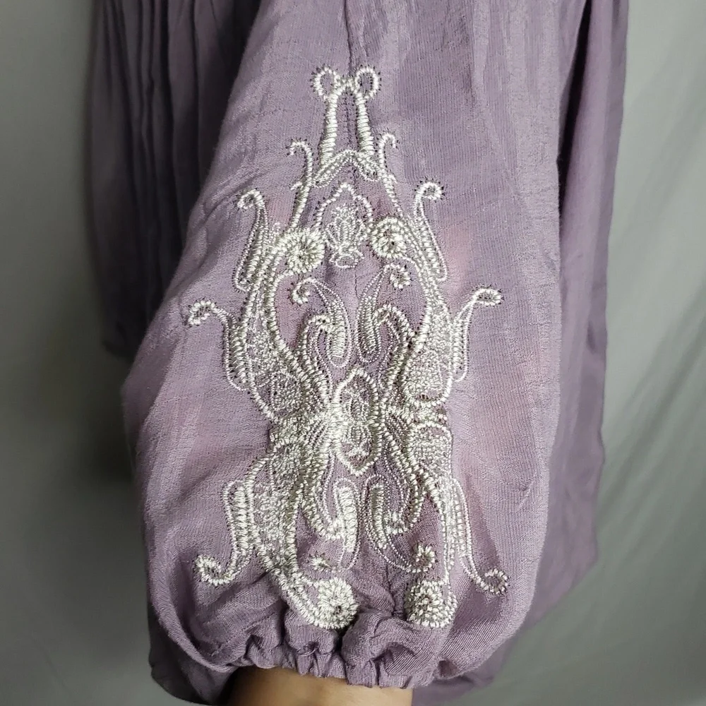 Gemstone Boat Neck Embroidered Lantern Long Sleeves Blouse Top Size M Bohemian